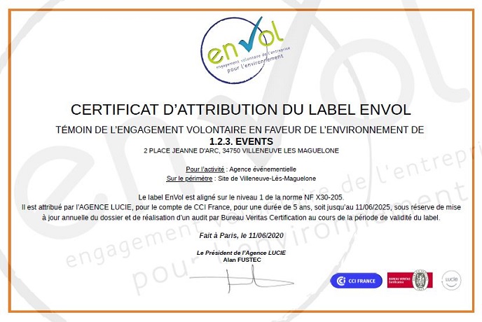 Certificat d'attribution label En Vol